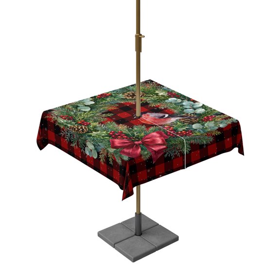 Outdoor Tablecloth with Umbrella Hole, Christmas Berry Pinecone Eucalyptus Leaf Zippered Table Cloth for Rectangle Tables, Red Buffalo Plaid Washable Waterproof Tablecloths for Picnic Patio Garden