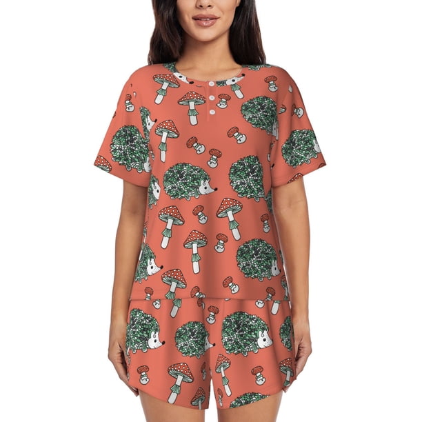 Fotbe Hedgehog Mushroom Conjunto de Pijama Estampado para Mujer, 2 Piezas, Ropa de Dormir con Camiseta de Manga Corta y Shorts Suaves-4X-Large