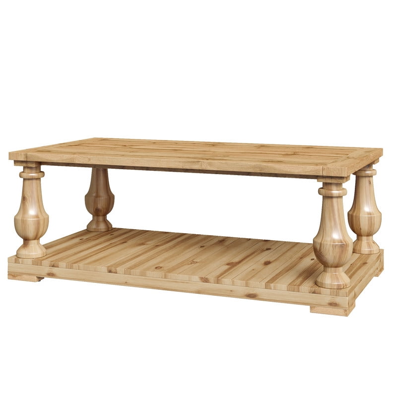 Farmhouse Coffee Table with 2-Tier Storage Shelf, Rustic Living Room Center End Table with Solid Wood Vintage Turned Legs