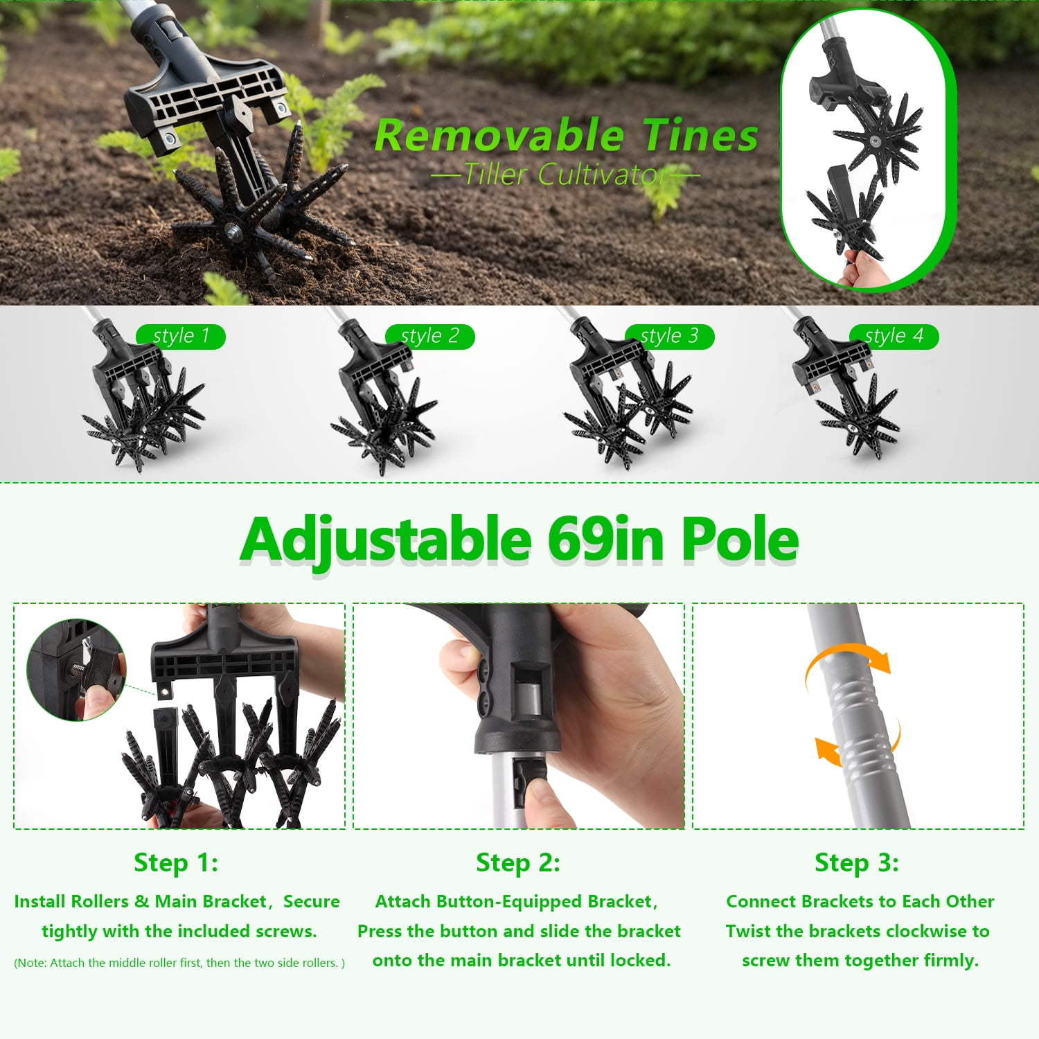 Kidsjoy 69in Manual Hand Tiller,2-in-1 Lawn Aerator Cultivator Tool with Adjustable Handle,42 Tines Stainless Steel Garden Tool for Soil Loosening Weeding Seeding Soil Mixing