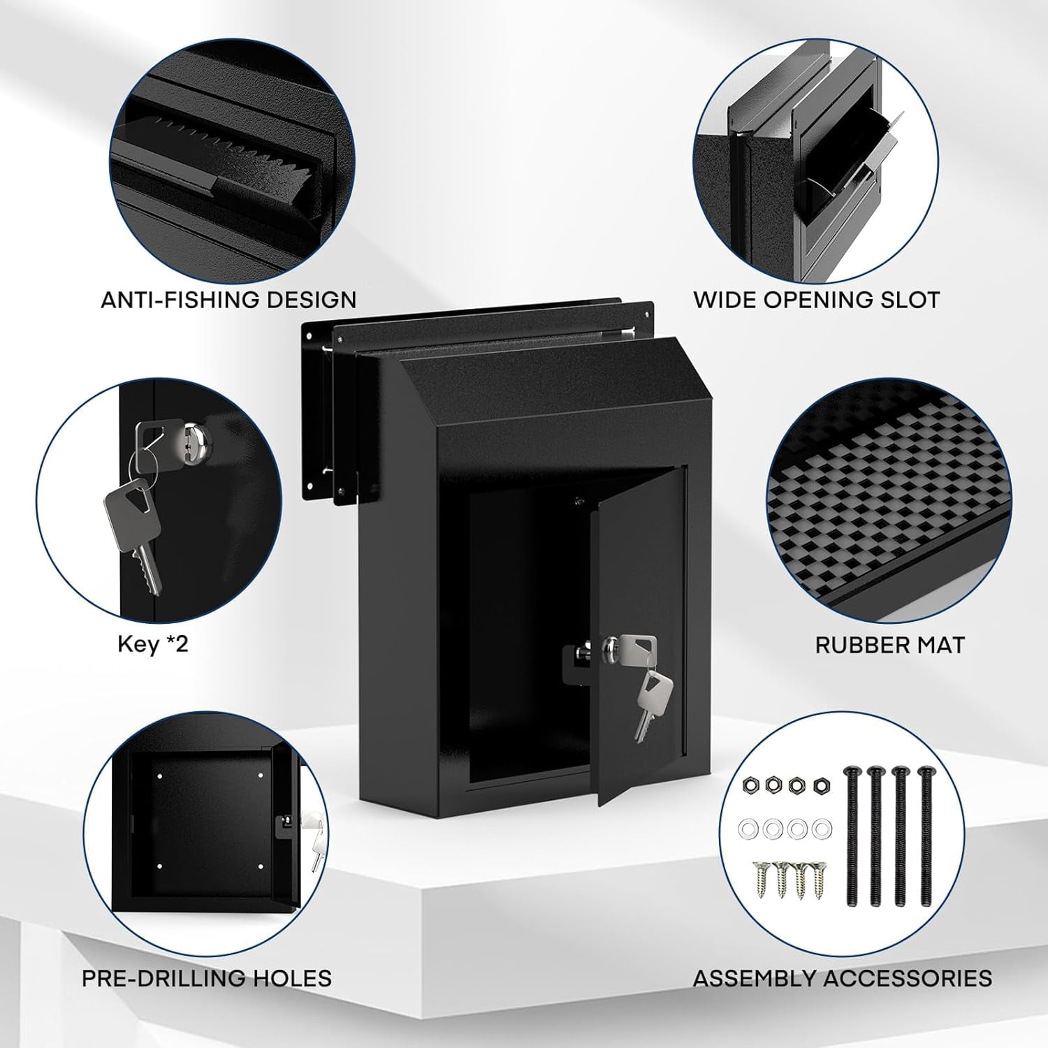 Pochar Through The Door Mailbox with Lock, Heavy Duty Cash Rents Deposit Payments Checks Drop Box for House Office Apartment (Black)