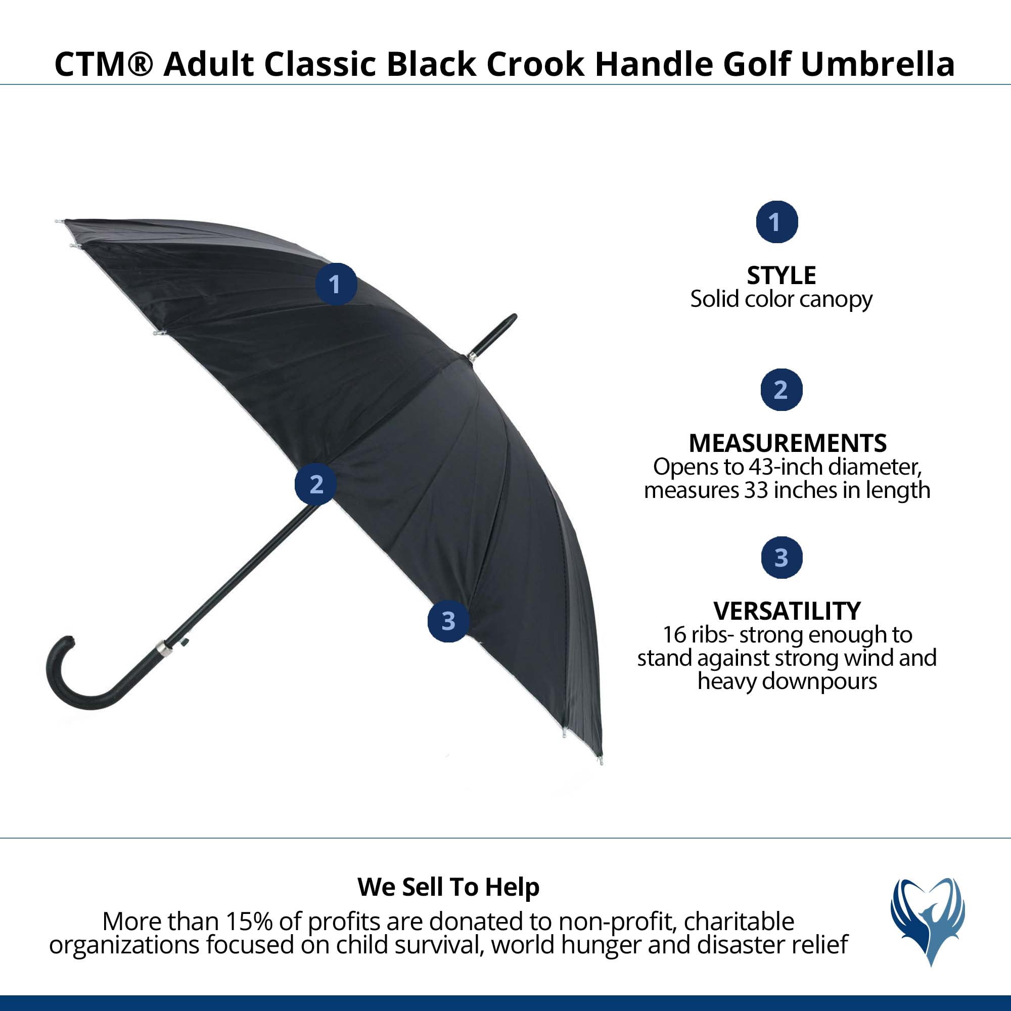 CTM Adult Classic Black Crook Handle Golf Umbrella