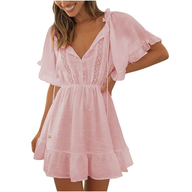 Robes d'Été pour Femmes à Volants, à Nouer au Cou, Boutonnées, Mini Évasées, Robe Trapèze, Manches Courtes, Dentelle Crochet, Robe Courte de Plage