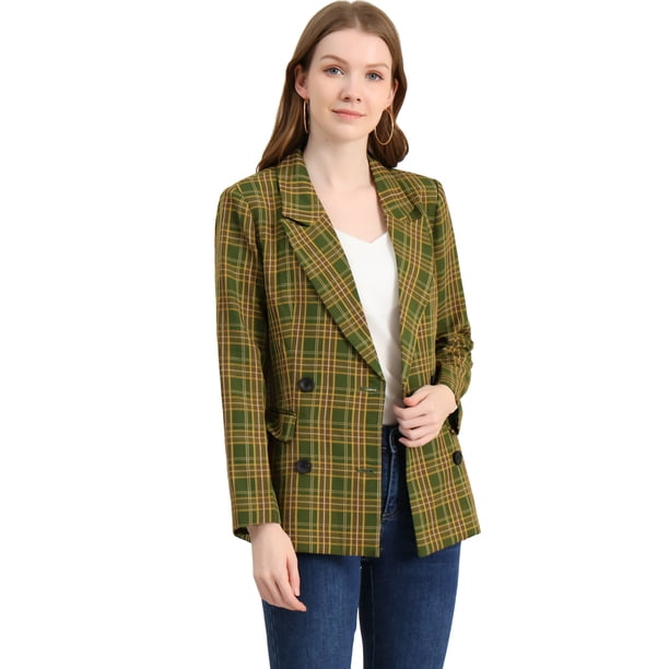 Chaqueta formal Allegra K para Mujer, Trabajo a Cuadros, solapa con Muesca, Doble Botonadura, Verde amarillo S