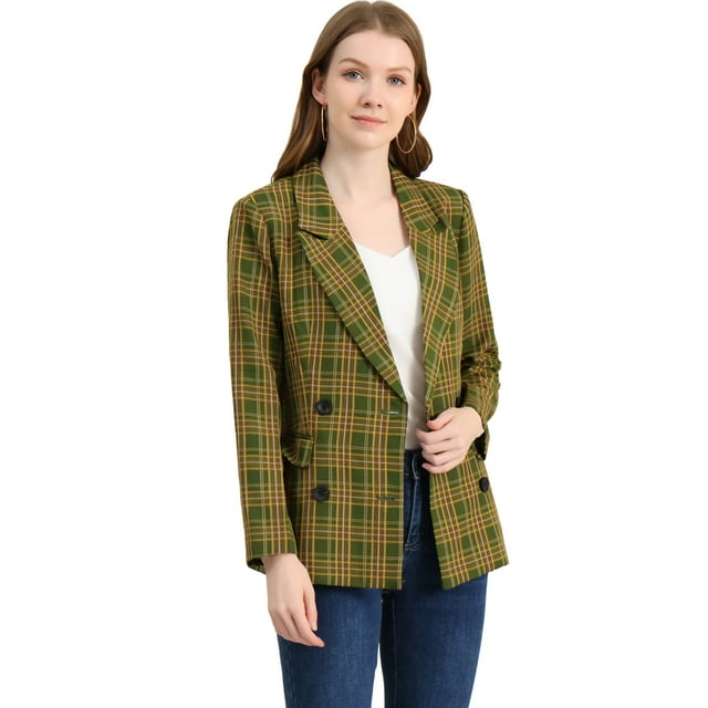 Chaqueta Formal Allegra K Día de San Patricio Mujer Solapa Con Muesca Doble Botonadura Trabajo A Cuadros Verde amarillo M