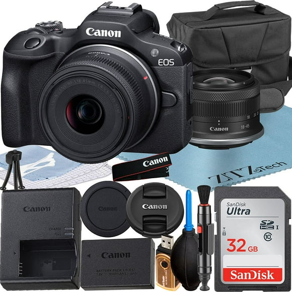 Canon EOS R100 Mirrorless Camera with RF-S 18-45mm Lens + SanDisk 32GB Memory Card + Case + ZeeTech Accessory Bundle