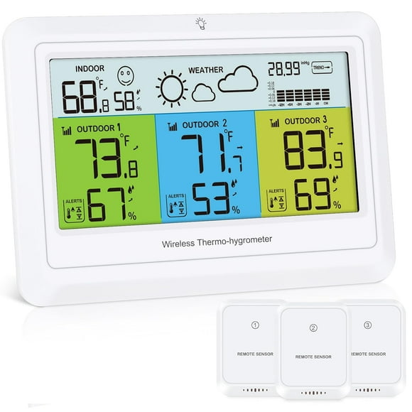 Weather Station with 3 Wireless Sensors - Indoor Outdoor Thermometer & Humidity Monitor, Digital Weather Forecast Station with Backlight, MIN/MAX Records, Alert