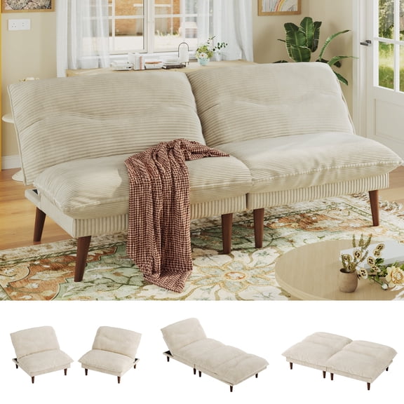 NYBOPAVIS 75" Futon, Twin Size Convertible Sleeper Sofa Bed, Corduroy Loveseat Sofa Couch for Apartment Small Space Beige