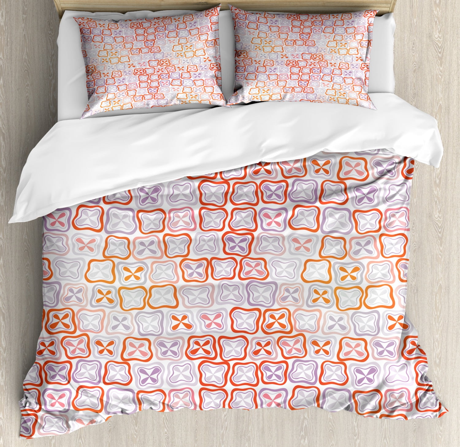 Funky Duvet Cover Set King Size, Amorph Wavy Uneven Forms with FourPetal Abstract Flowers