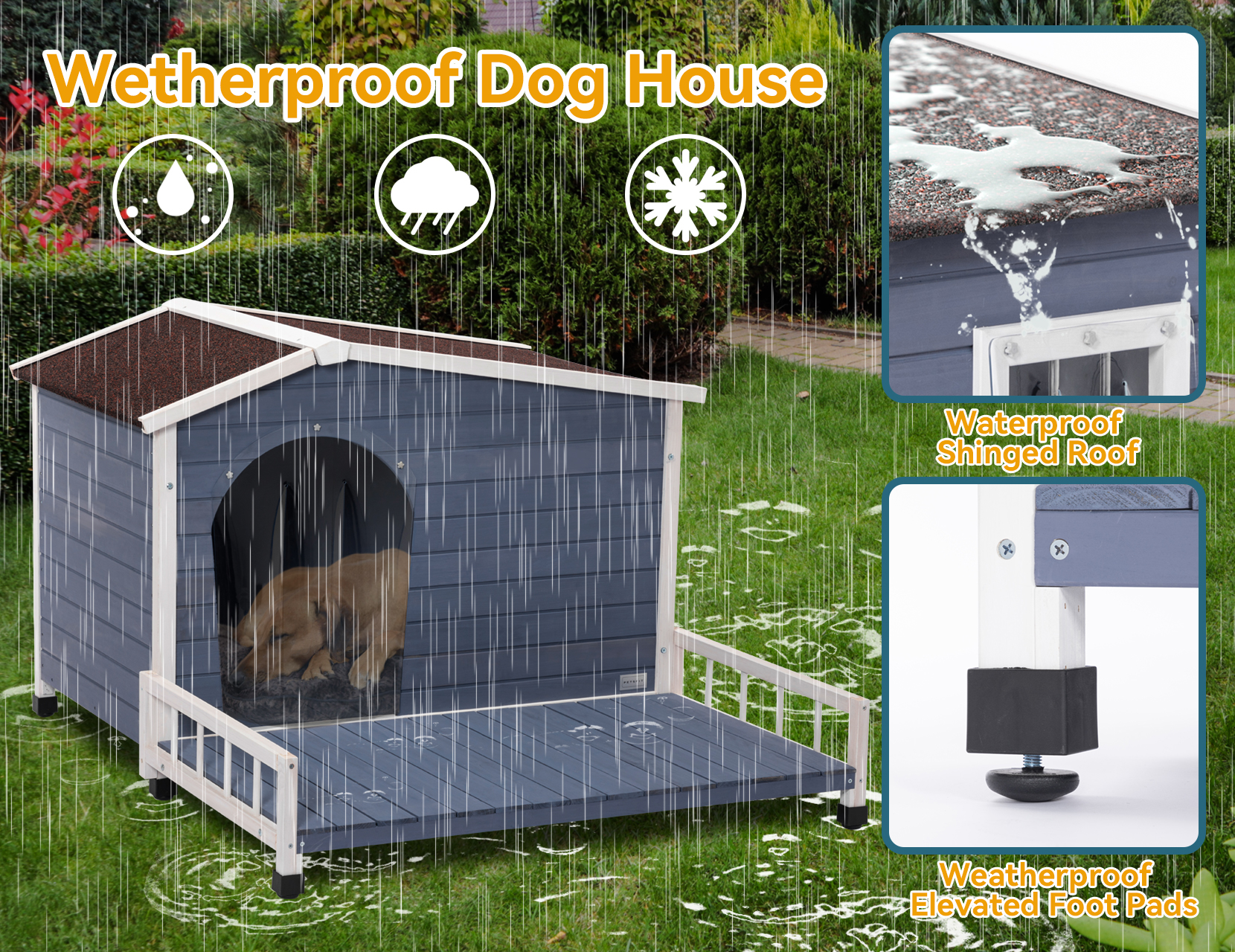 Petsfit Large Wooden Outdoor Dog House with Terrace, Elevated Floor and Openable Roof
