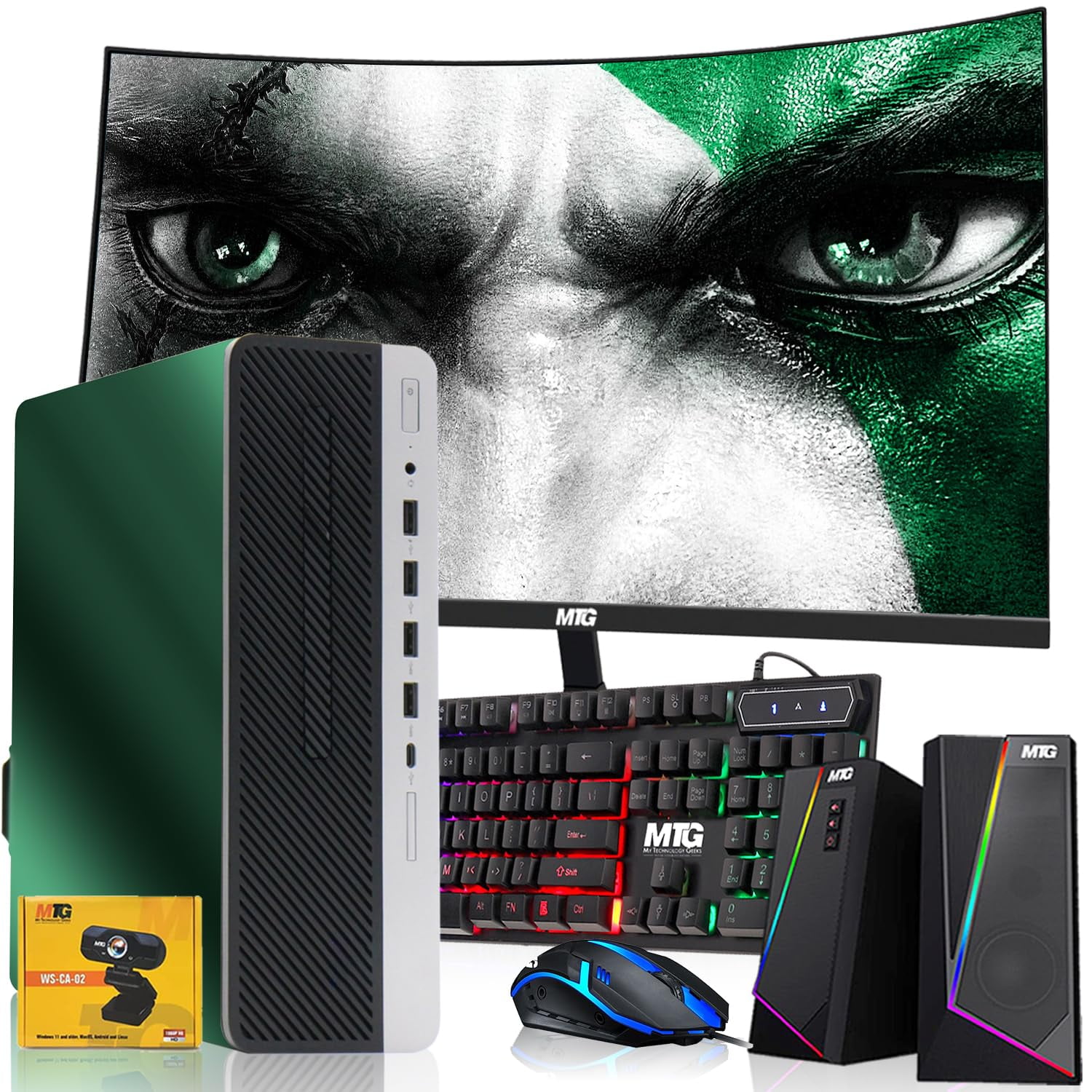 Restored HP G3 Gaming Desktop,Green Edition – Intel Core i5 6th Gen|16GB DDR4 Ram|512GB SSD|GT 1030|New 24 Inch Curved Monitors|Windows 11 Pro – Computer Tower for PC Gamers