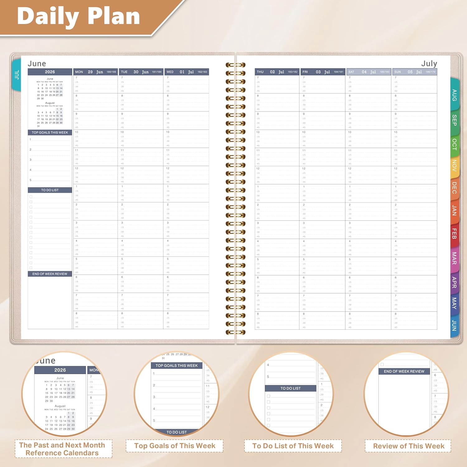 Appointment Book Daily Hourly Planner, July 2026-June 2027, 8.5 x 11 In, Weekly Schedule With 15-Minute Intervals, Flexible Soft Cover, Colorful Tabs, Off-White
