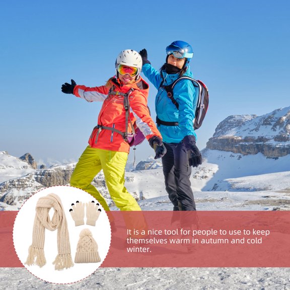 Amosfun 1Set Beige Knitted Winter Accessories Set Hat Scarf and Gloves for Ski Outfits