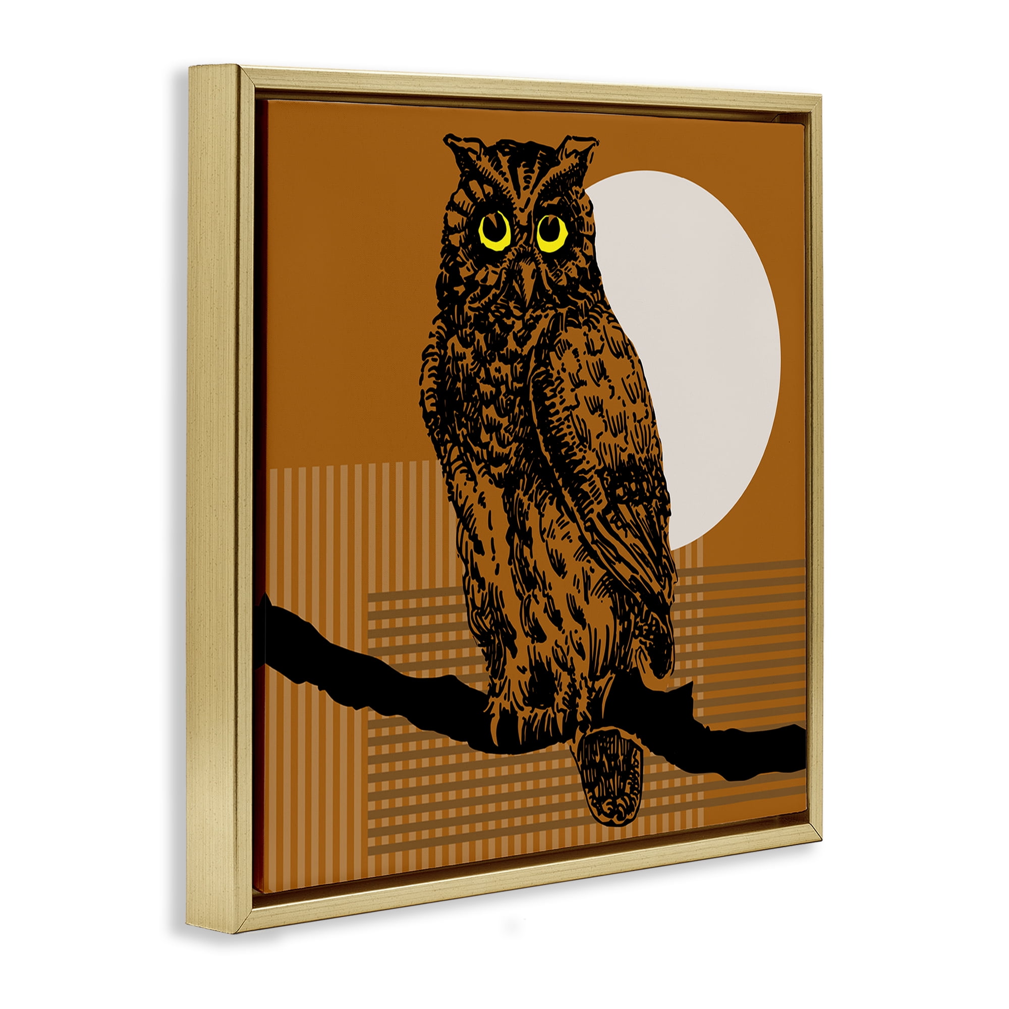 Stupell Industries Owl Perched with Moon Animals & Insects Painting Gold Floater Framed Canvas Art Print Wall Art, 18 x 18