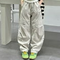thumbnail image 2 of Sopiago Girls Parachute Pants Kids Wide Leg Cargo Pants for Girls Y2K Street Trousers with Pockets 7-8 Years,Beige, 2 of 4
