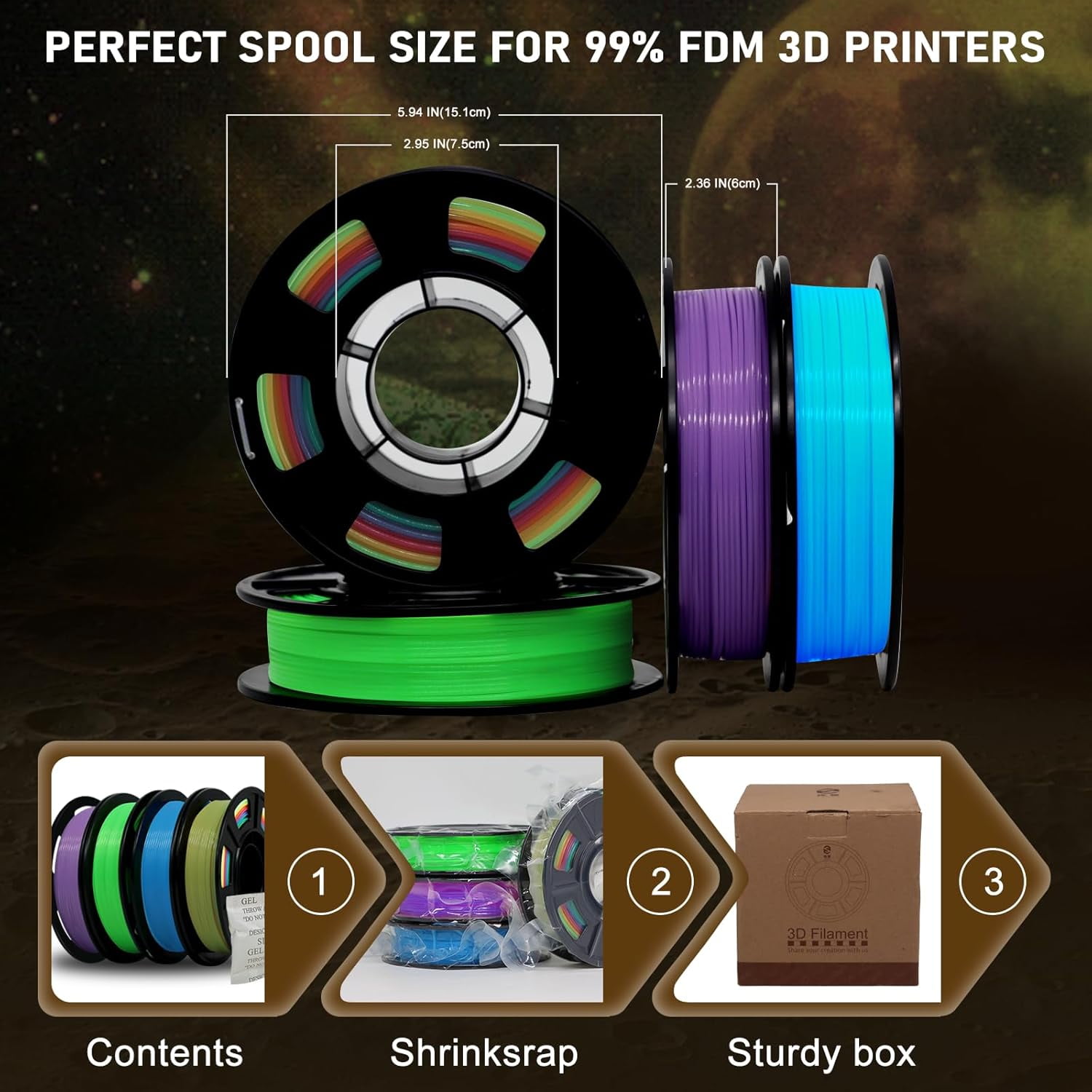3D Printer Filament Bundle, Glow in The Dark Filament Multicolor, Green, Blue, Purple and Rainbow, PLA Filament 1.75 mm, Dimensional Accuracy +/- 0.03 mm, 250g X 4 Pack