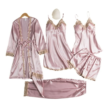

MEGAWHEELS 5PCS Satin Pyjama Lingerie Sets with Floral Lace Women Sleepwear