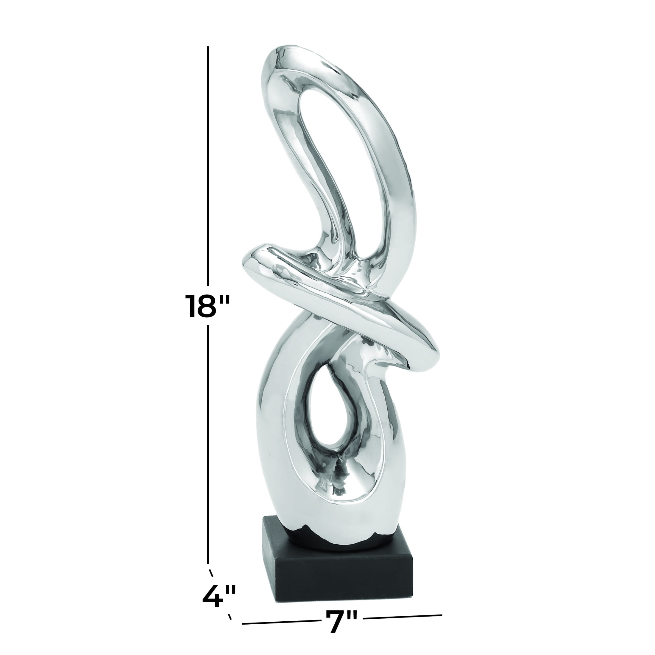 7" x 18" Silver Ceramic Swirl Abstract Sculpture with Black Base, by DecMode