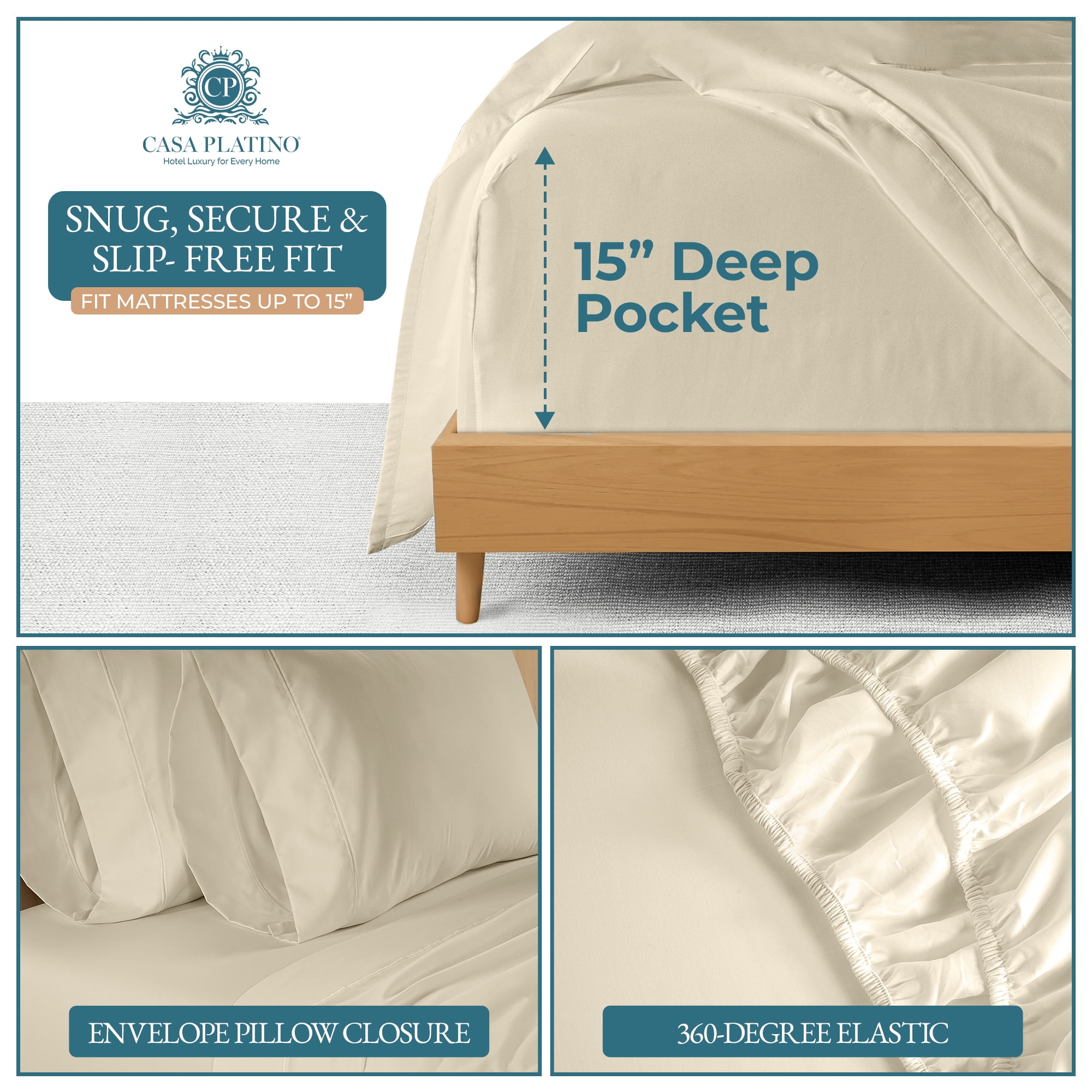 100% Cotton Sheet Set – 600 Thread Count Queen Bed Sheets, Luxuriously Soft Sateen Sheet for Everyday Comfort, Snug Fit 15" Deep Pocket, 2 Additional Pillowcases – Ivory