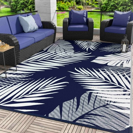 DEORAB Outdoor Rug for Patio Clearance 8 x10  Waterproof Mat Reversible Plastic Camping Navy blue&White