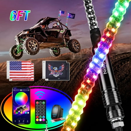 Nilight 2PCS 6FT RGB LED Whip Light, Remote App Control w/DIY Chasing Patterns Stop Turn Reverse Lighting Modes Safety Lighted Antenna for ATV UTV Polaris RZR Can-am Dune Buggy Jeep