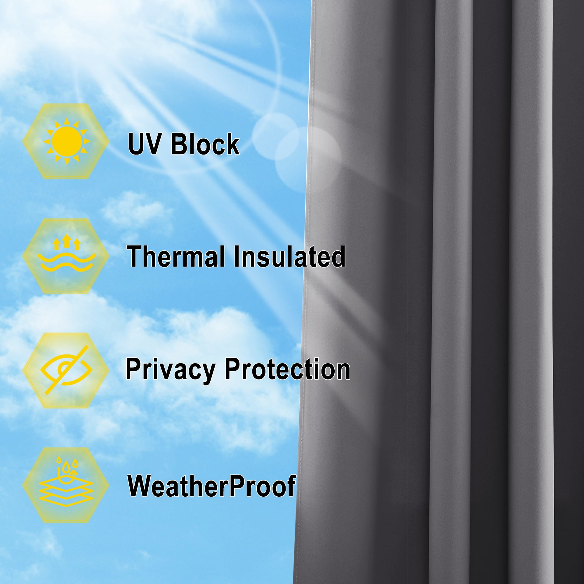 NICETOWN 2 Panels Outdoor Curtain for Patio Waterproof, Sticky Top & Backtab Bottom with Free Rope Privacy Protective Drapes for Gazebo, Gray, W52 x L84