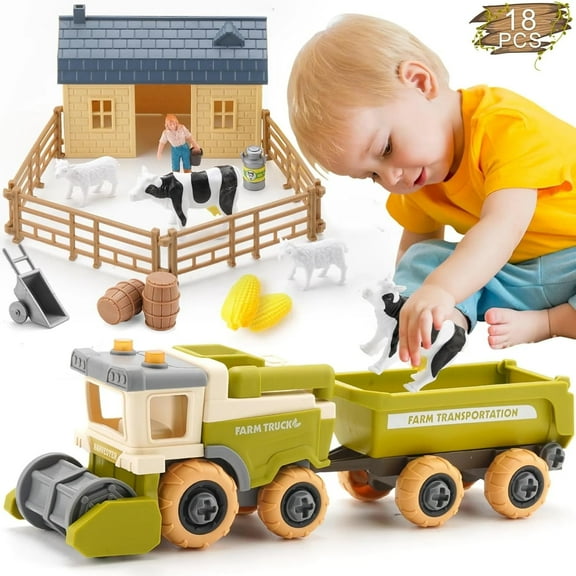Toddler Toys Farm Animal Toys for 3 4 5 Year Old Boys Girls - Take Apart Vehicle Combine Harvester with Trailer for Kids Age 1-3 3-5, Educational Pretend Toys Playsets Christmas Birthday Gifts