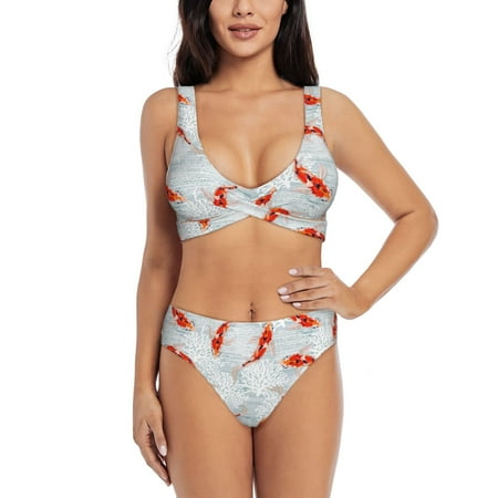 Zeuib Koi Fish Corals Spring Summer High Waisted Tummy Control Bikini Set - Knot Front Push Up Top & Cheeky Thong Bottom  Two-Piece Swimsuit for Women-Medium