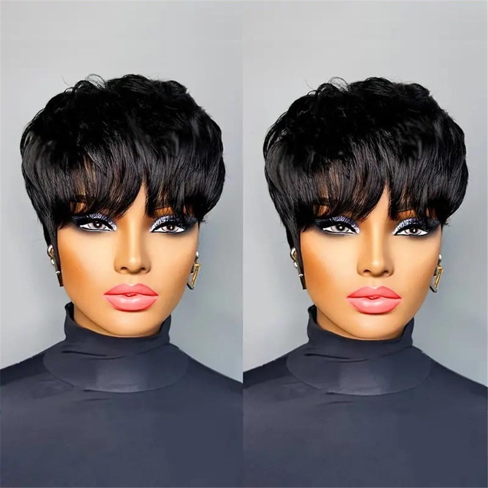 Pixie Cut Wigs Brazilian Human Hair Short Bob Wig with Bangs Layered Pixie Cut Wig