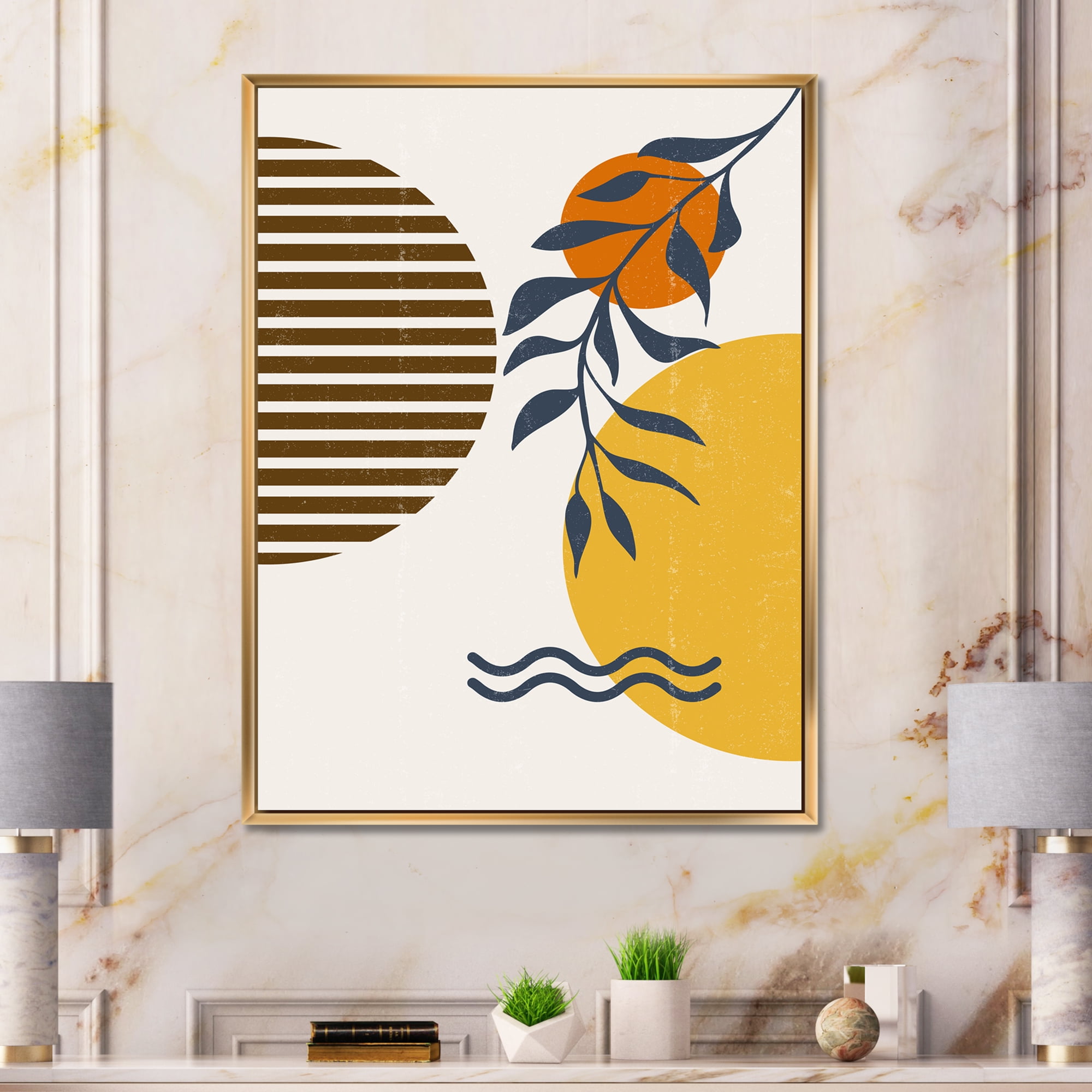 Designart 'Abstract Shapes With Botanical Minimalist Leaf I' Modern Framed Canvas Wall Art Print