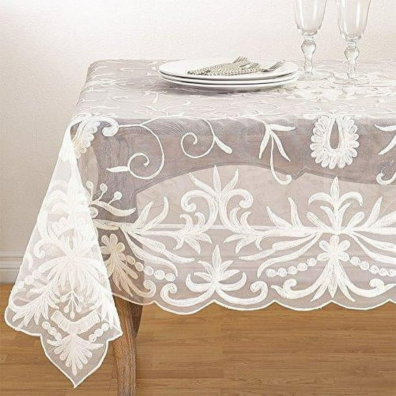 Fennco Styles Elegant Embroidered Floral Woven Tablecloth - Ivory 54" Square