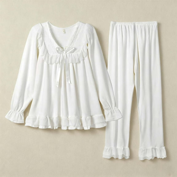 Abomasnow Women's Cotton Pajama Set 2 Piece Long Sleeve Lounge Set Vintage V Neck Lace Trim Victorian Top Pants Nightgown