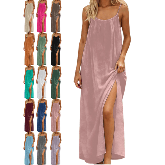 Mifsaly Linen Dress Women Spaghetti Straps Flowy Maxi Backless Dresses Lightweight Side Slit Back Drawstring Beach Sundresses Summer Cover Up Boho Clothes S