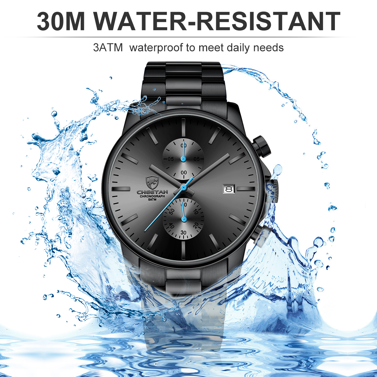 CHEETAH Fashion Business Mens Watches with Stainless Steel Waterproof Chronograph Quartz Watch for Men,Auto Date,Black&Blue