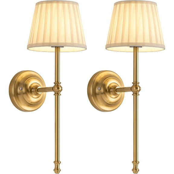 Cordless Wall Sconces Set of 2, Small Wireless 5200mAh Rechargeable Battery Fabric LED Wall Lamps, Portables Lightings for Wall Painting, Living Room, Bedroom, Hallway, Gifts, Night Light (Gold)