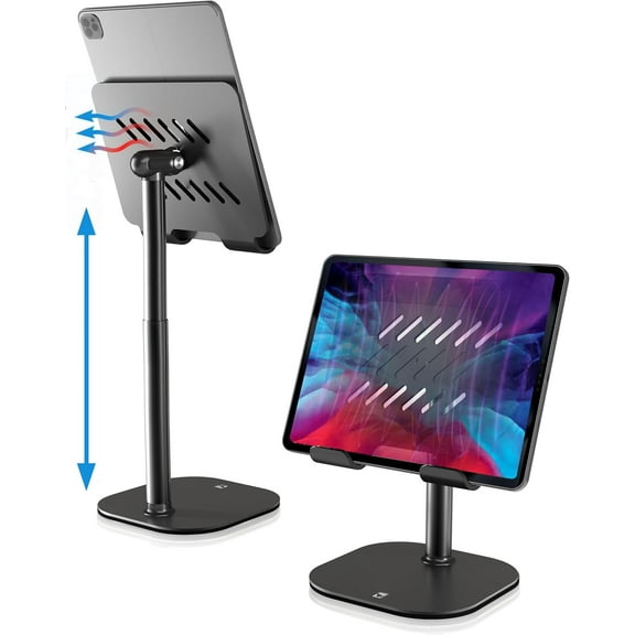 TabHolder, 7-10" Height Adjustable Tablet Stand, Premium iPad Stand for Desk, 270° Tilt iPad Holder for Desk, Tablet Holder, 15.6-17" Portable Monitor Support (Black)