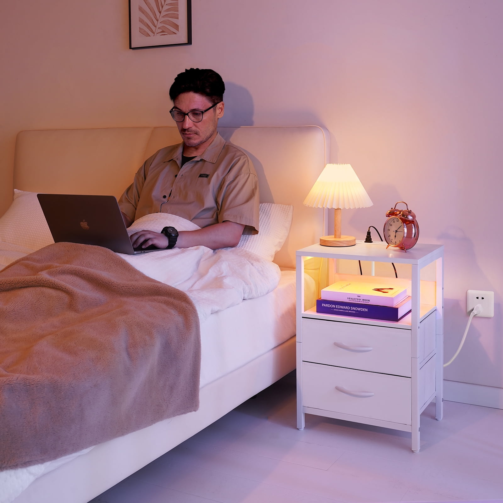 Nightstand with Charging Station, Small Night Stand Fabric Drawers and Storage Shelf for Bedrooms, Nightstands Spaces, Bedside Table USB Ports & Outlets, White