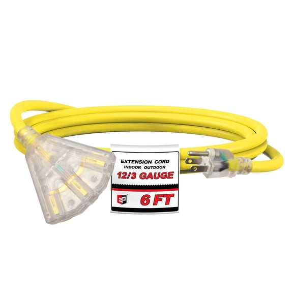 EP 6 Ft 12/3 SJTW Outdoor/Indoor Extension Cord with 3 Electrical Power Outlets, Lighted End Heavy Duty Yellow Extension Cable, UL Listed