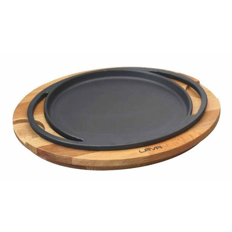 Lava Enameled Cast Iron Pizza Pan-Crepe and Pancake Pan 8 inch-with Beechwood Service Platter, Size: W:9.68 Large:13.18 H:1.77, Black
