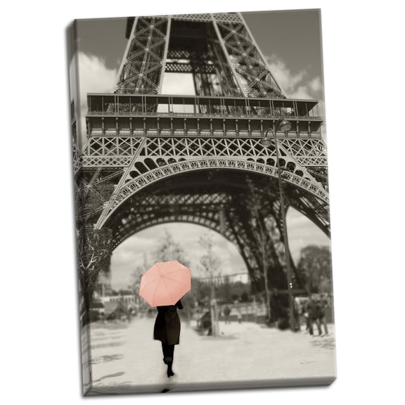 Black and Pink Paris in the Rain Adult Decor; 1 - 16" x 24" Stretched Canvas