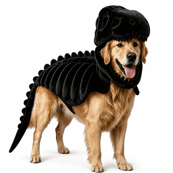 Pet Dinosaur Costume for Dogs, Soft Plush T-Rex Skeleton Dog Halloween Costume, Dino Dog Costume for Medium Dogs & Large Cats, Black, 35.4 in