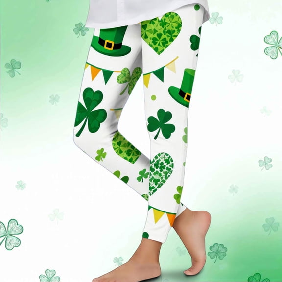 Avrnliq St. Patrick's Day Green Girls Leggings, Shamrock Leprechaun Print Stretch Pants, Soft Durable Slim-Fit Leggings for Kids Aged 4-12,Size 7 T