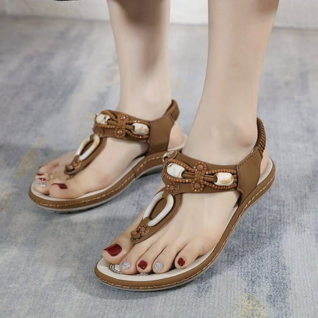 

Aayomet Flat Sandals for Women Summer Fashion Women Casual Open Toe Flat Rhinestone Comfortable Soft Bottom Elastic Band Shoes Brown 7.5
