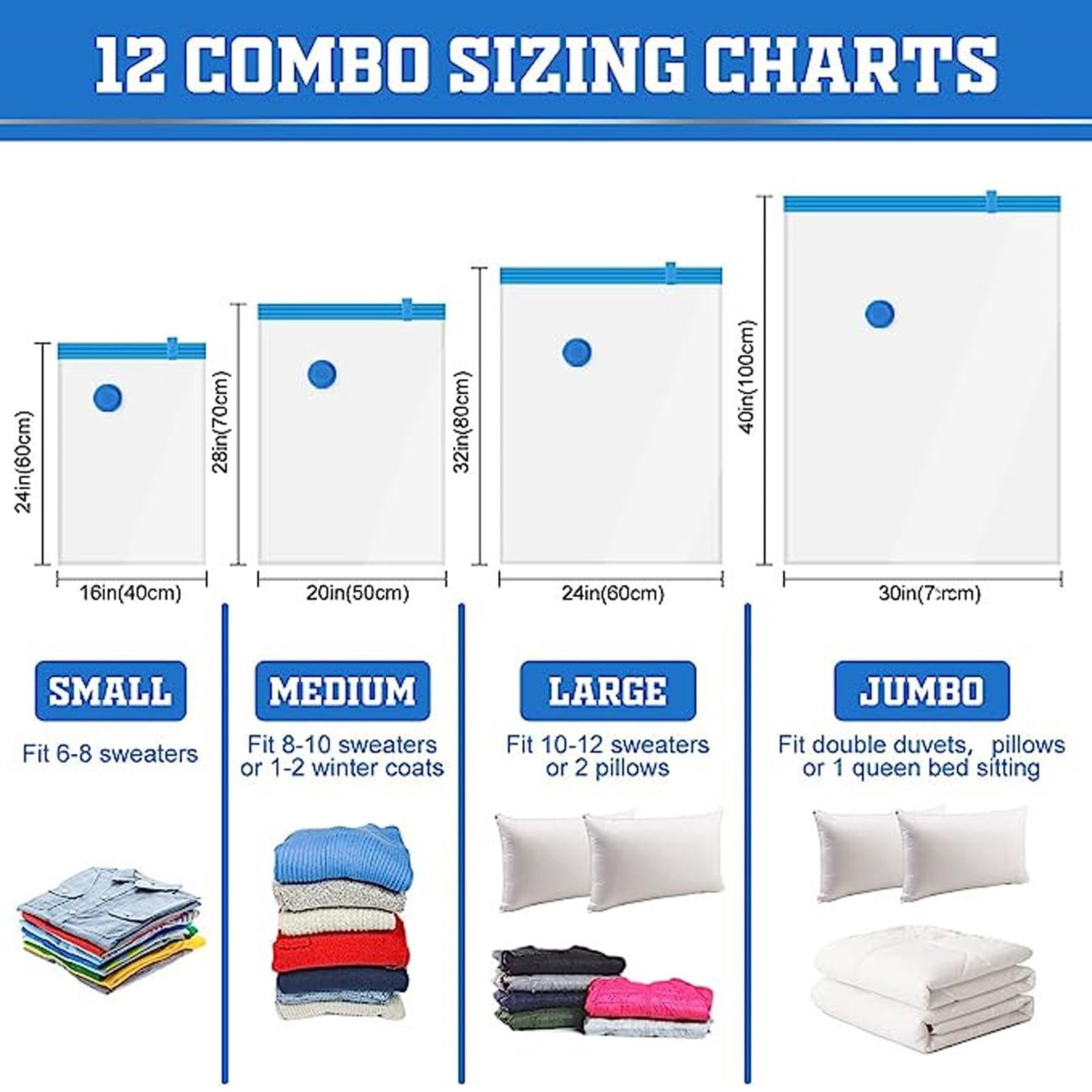 12Pcs Vacuum Storage Bags With Hand Pump 4 Size Clear Vacuum Compression Space Saving Storage Bags For Clothes And Blankets (2 Jumbo/4 Large/2 Medium/4 Small)