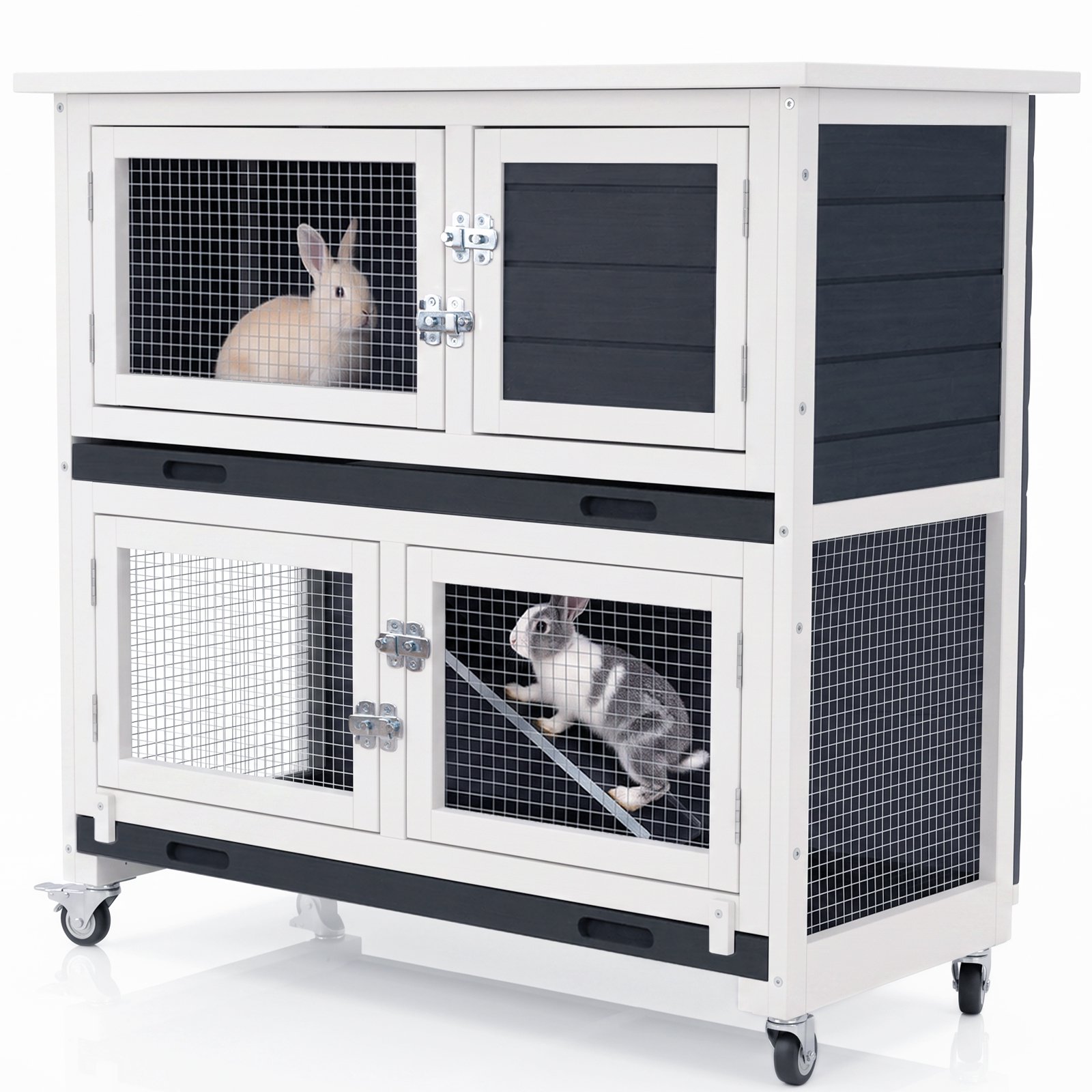 Rabbit Hutch on Wheels, 2-Story Indoor Bunny Cage, Flat Metal Top, Dual Trays