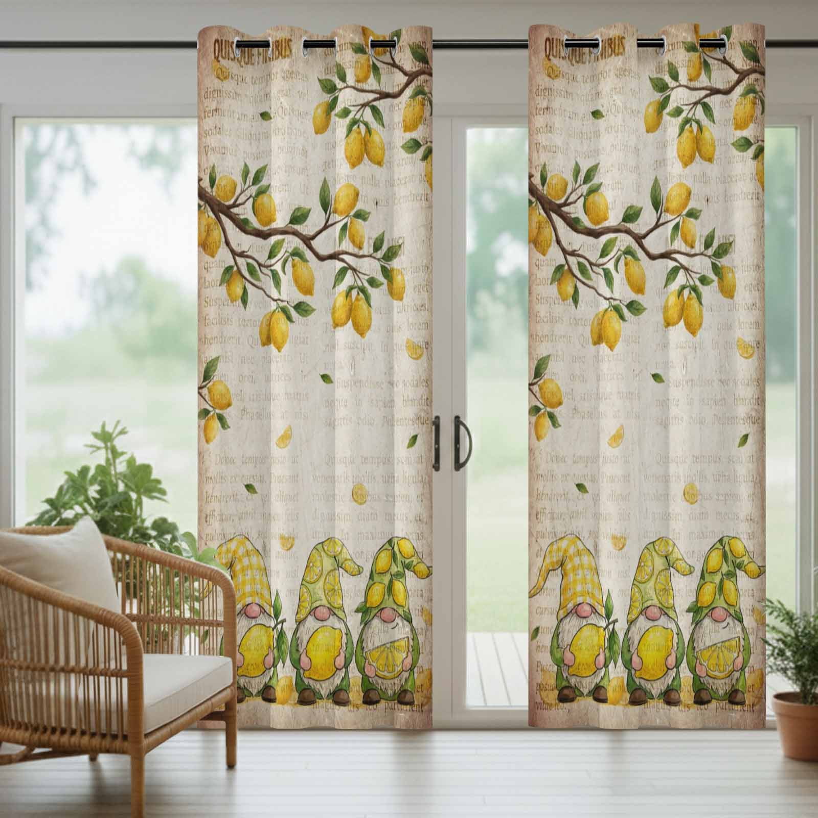 Outdoor Curtains for Patio Waterproof, Lemon Gnomes Windproof Pravicy Outside Porch Blackout Curtain, Summer Vintage Tropical Lemon Fruits Sun Blocking Grommets Curtains for Cabana 2 Panels 54"x108"