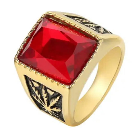 QQTDFG Mens Stainless Steel Red Black Stone Marijuana Leaf Ring Band Size 7-13-Gold Red-13