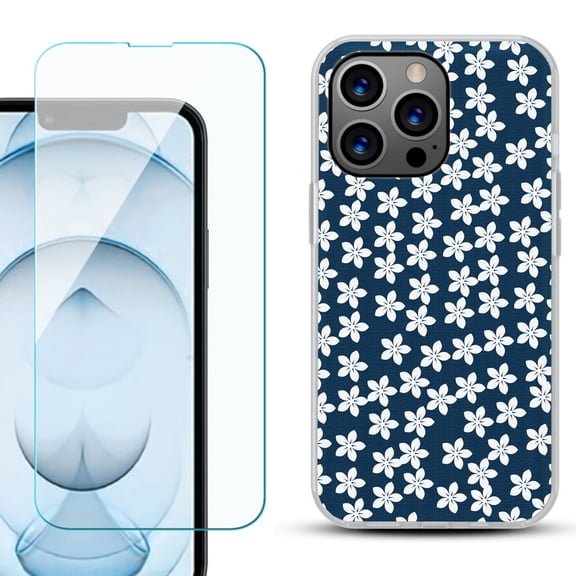 Slim-Fit Gel TPU Phone Case for iPhone 13 Pro Max, with Tempered Glass Screen Protector, by OneToughShield ® - Flower/Blue