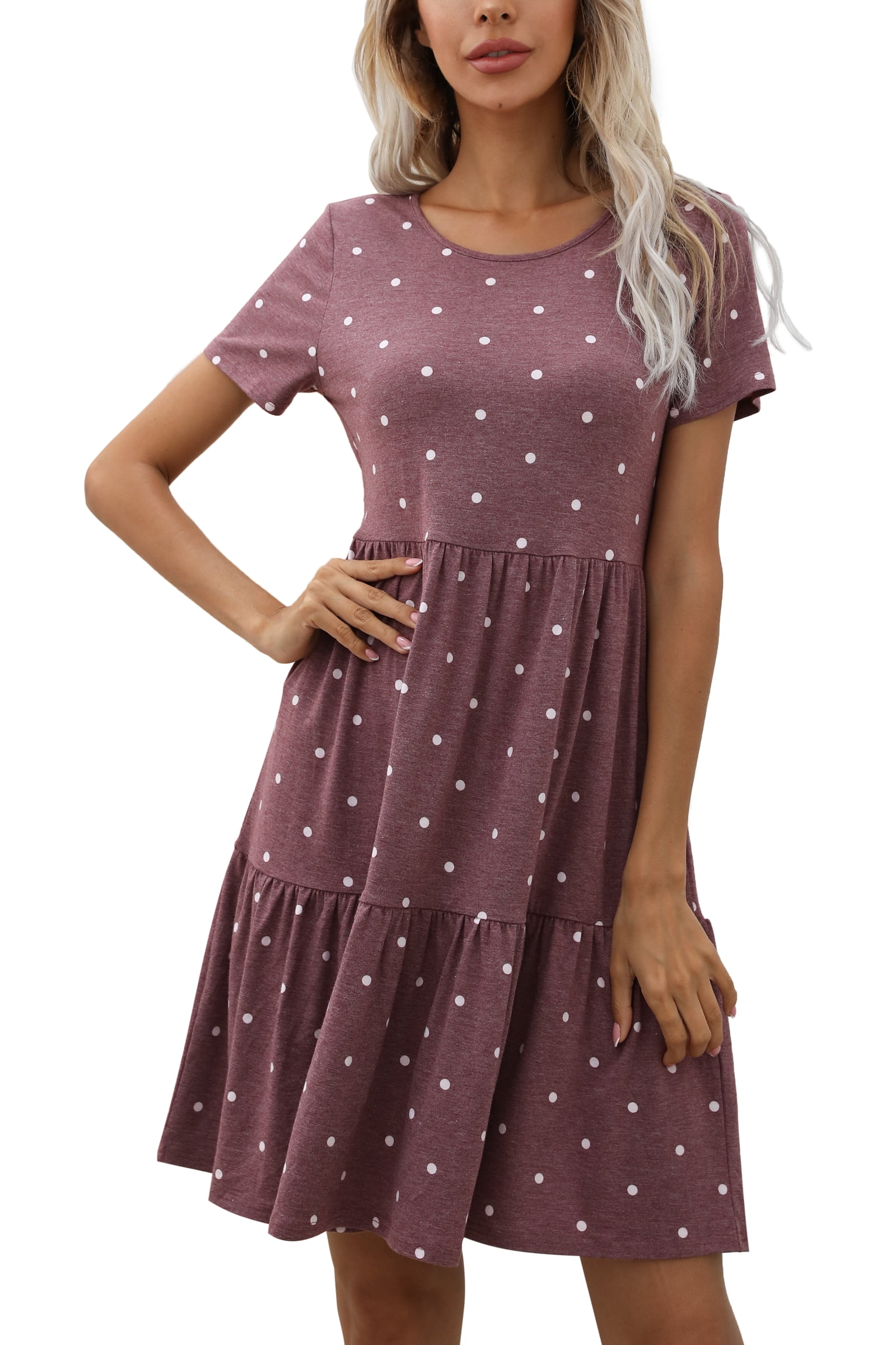 CALIPESSA Womens Summer Tiered Layer Burgundy Polka Dot Short Dress