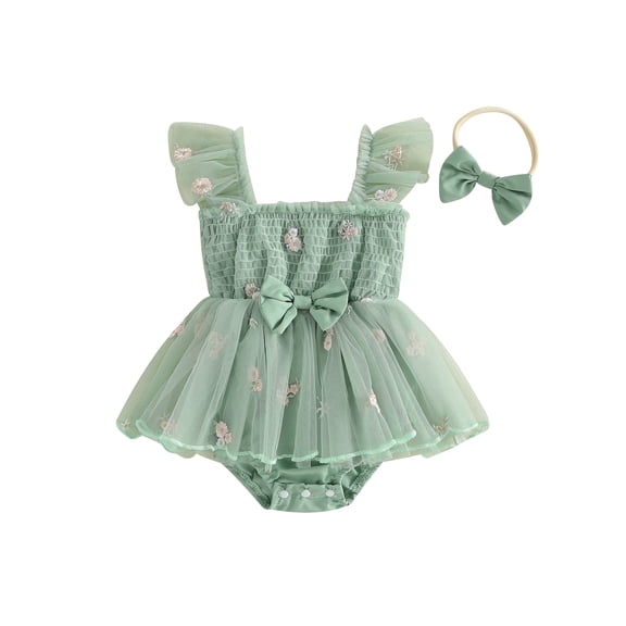 Cenuakty Baby 0-18M Girl Summer Outfit Floral Embroidery Sleeveless Tulle Romper Dress Bow Headband 2 Piece Set